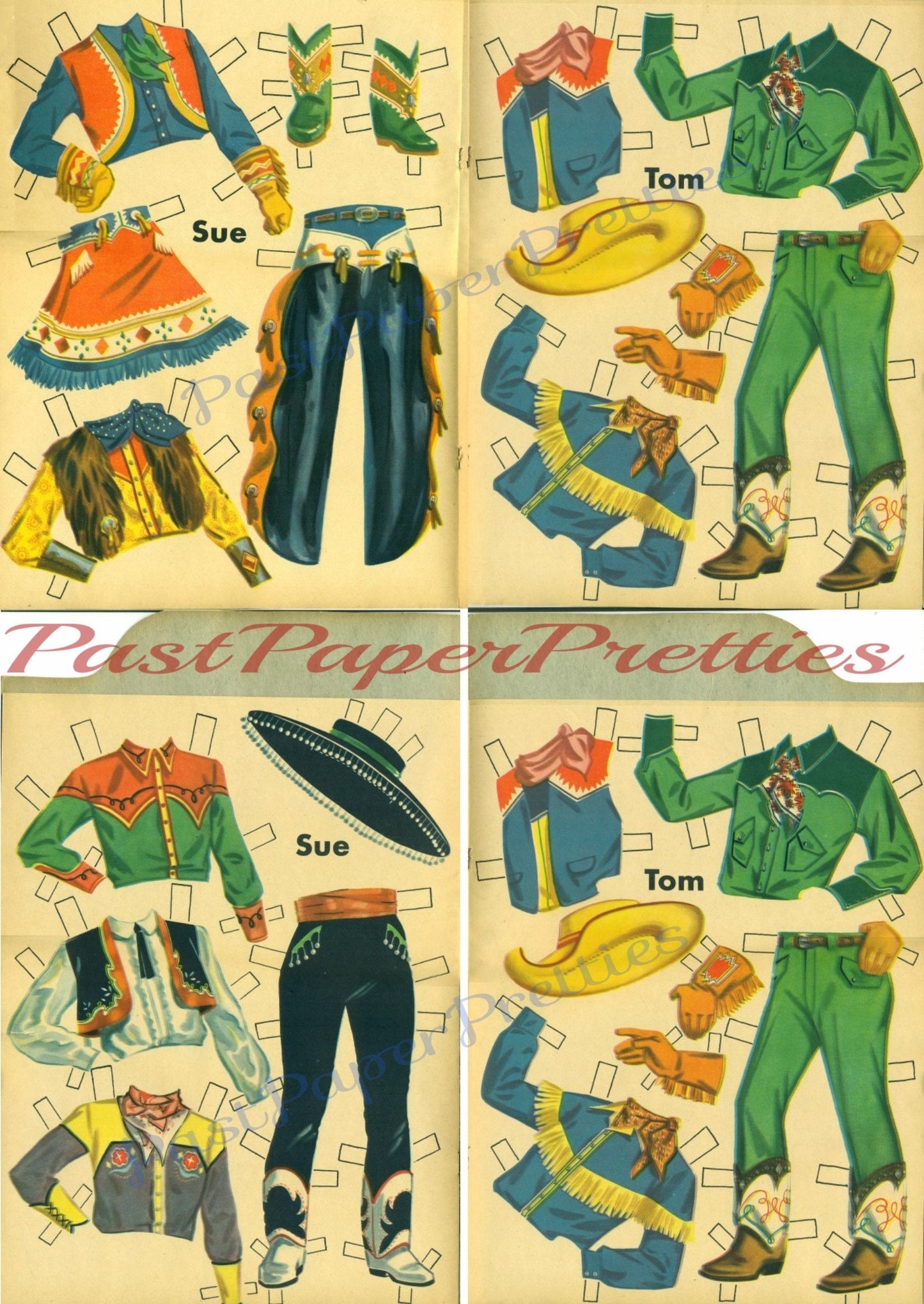 Vintage Paper Dolls Cowboys and Cowgirls c. 1951 Printable PDF Instant Digital Download Cute Western Boy Girl Dolls and Outfits Clip Art