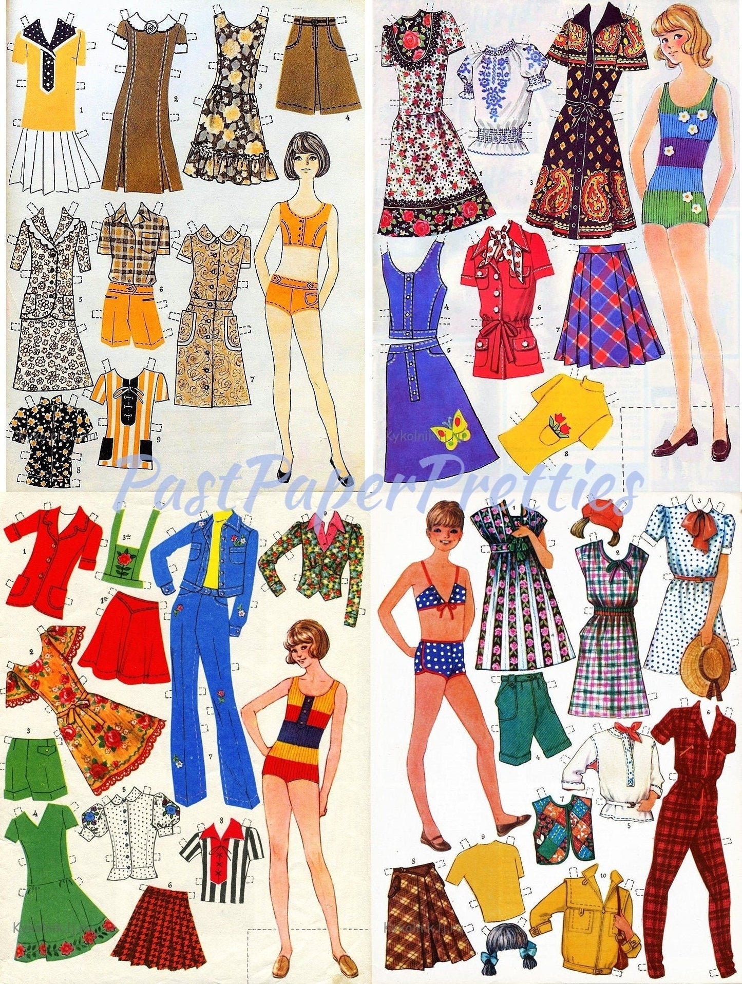 Vintage Printable Paper Dolls 4 Cute European Girls and Clothing Collage Sheets 1970s Fashions Cut Out Dolls PDF Instant Digital Download