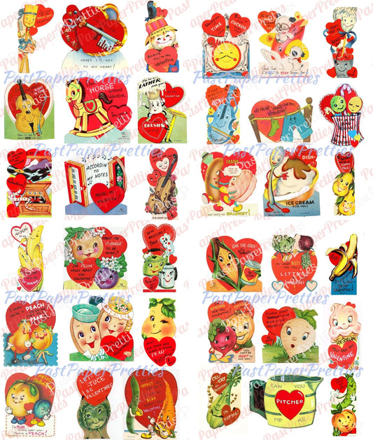 72 Vintage Kitsch Anthropomorphic Valentine Cards Images Fruit Veggies Items Objects Collage Sheets Printable PDF Instant Digital Download