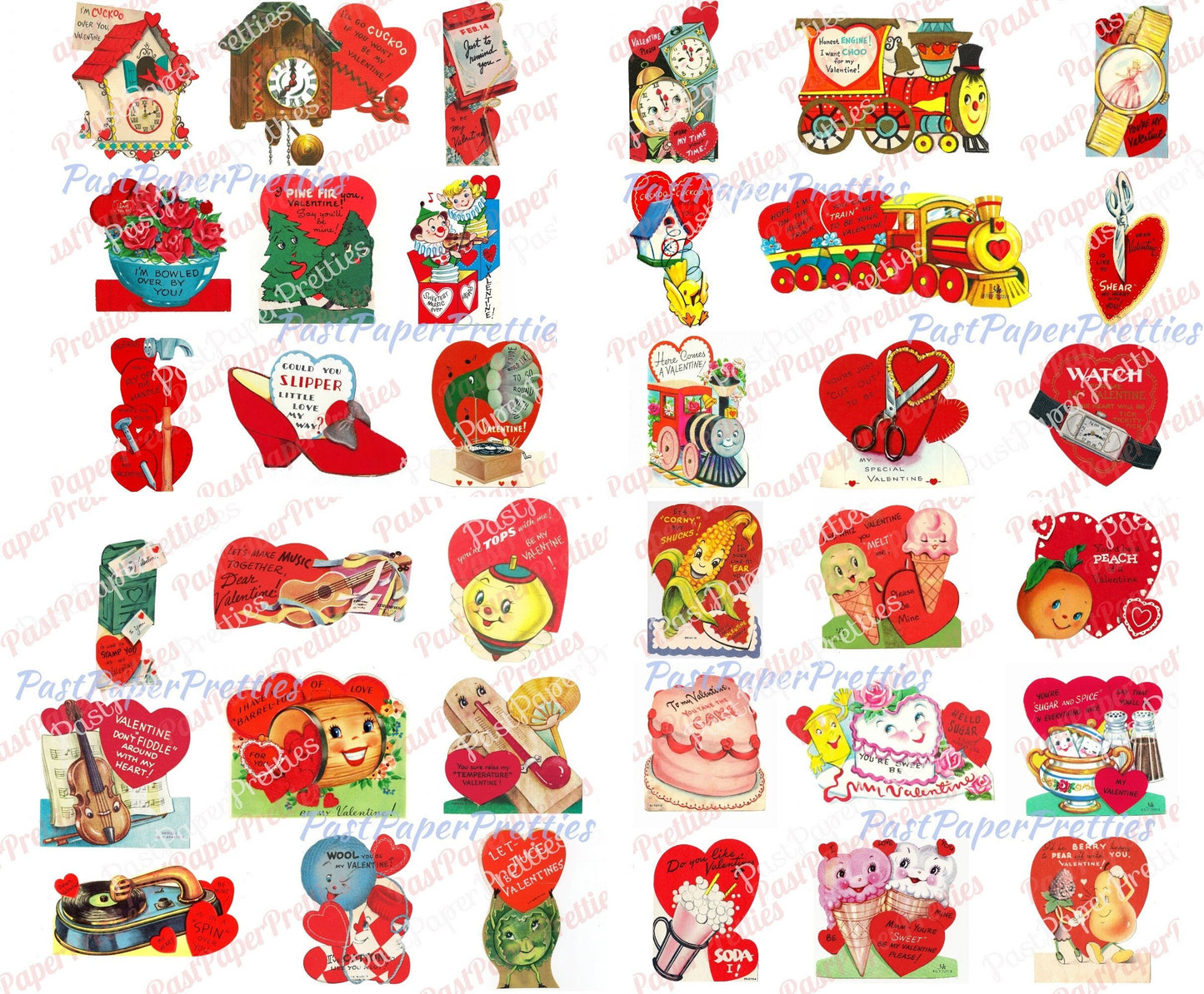 72 Vintage Kitsch Anthropomorphic Valentine Cards Images Fruit Veggies Items Objects Collage Sheets Printable PDF Instant Digital Download