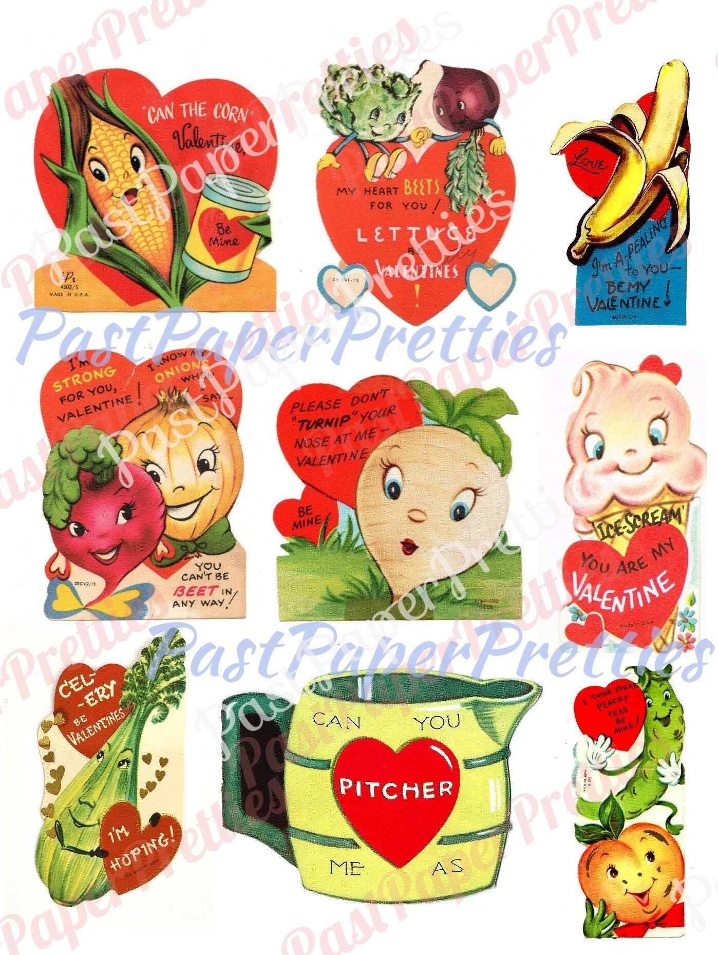 72 Vintage Kitsch Anthropomorphic Valentine Cards Images Fruit Veggies Items Objects Collage Sheets Printable PDF Instant Digital Download