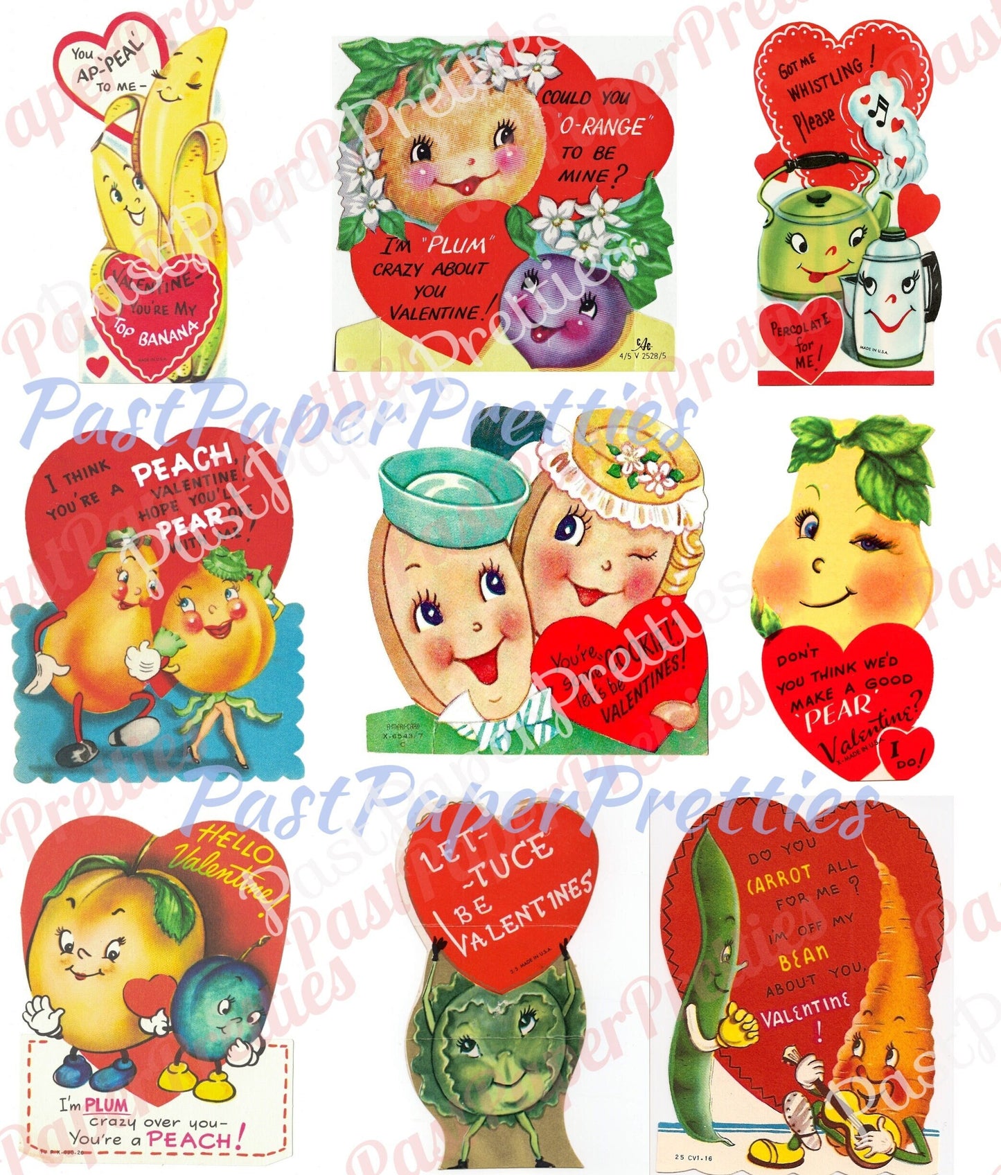 72 Vintage Kitsch Anthropomorphic Valentine Cards Images Fruit Veggies Items Objects Collage Sheets Printable PDF Instant Digital Download