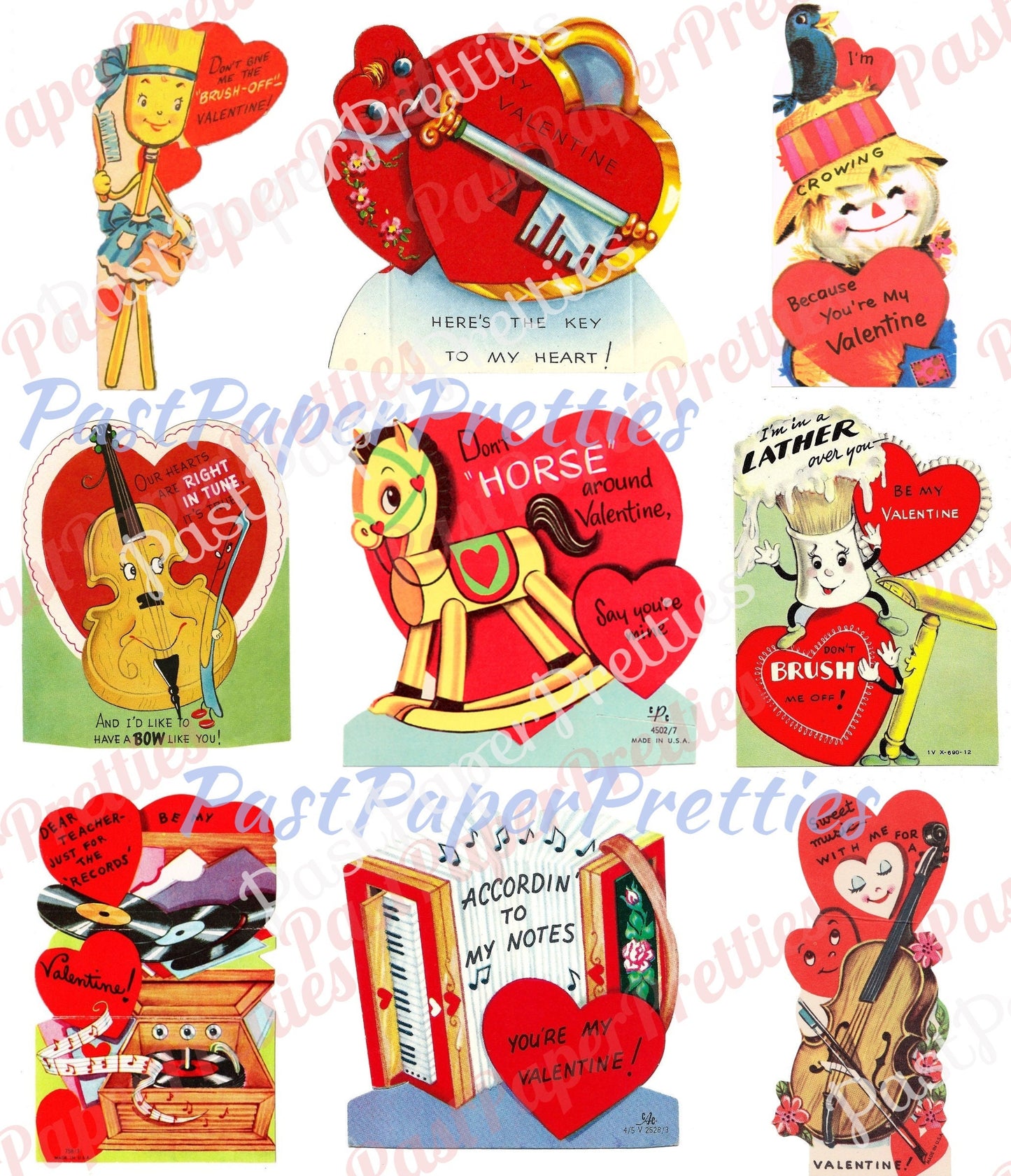 72 Vintage Kitsch Anthropomorphic Valentine Cards Images Fruit Veggies Items Objects Collage Sheets Printable PDF Instant Digital Download