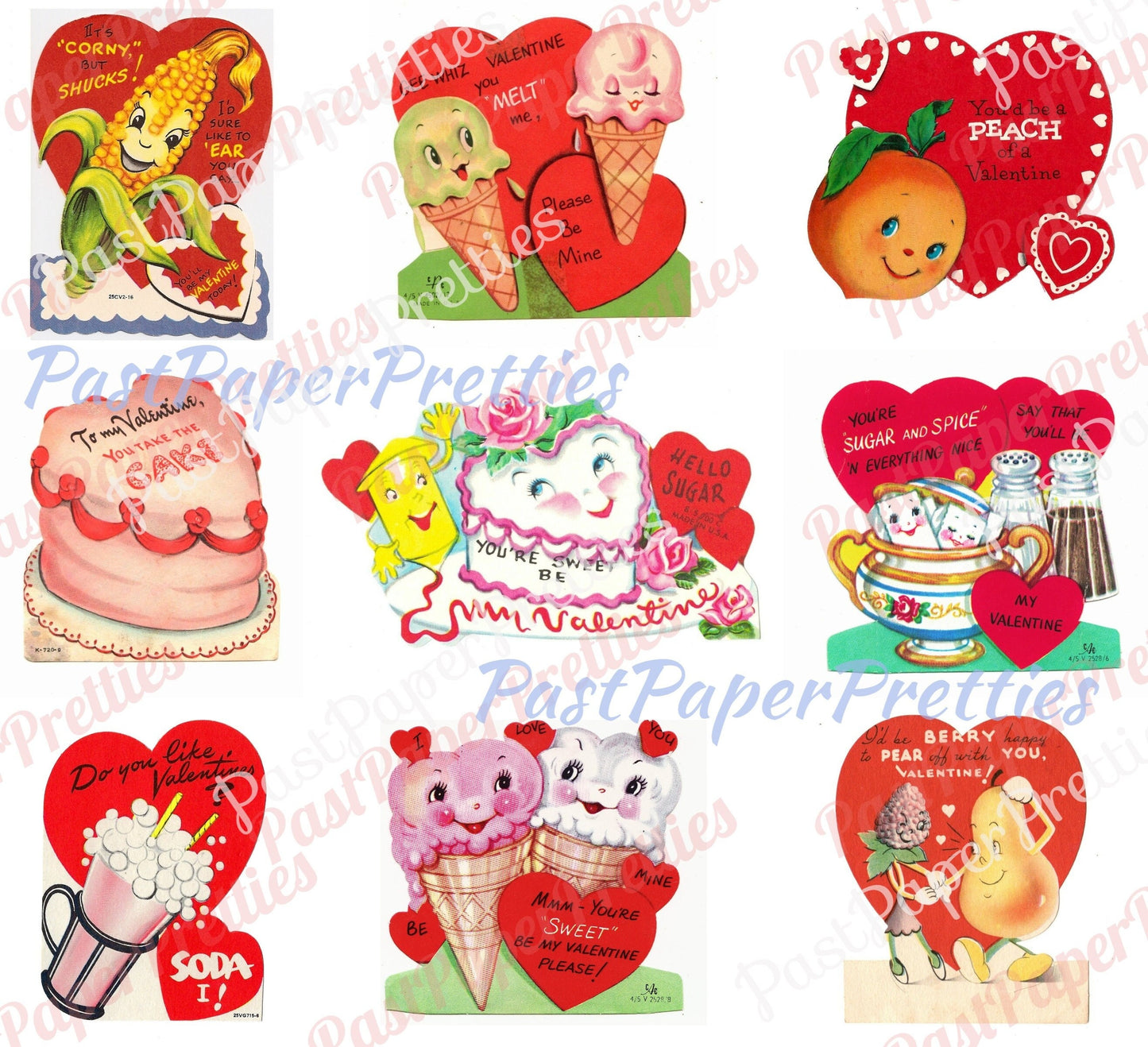 72 Vintage Kitsch Anthropomorphic Valentine Cards Images Fruit Veggies Items Objects Collage Sheets Printable PDF Instant Digital Download