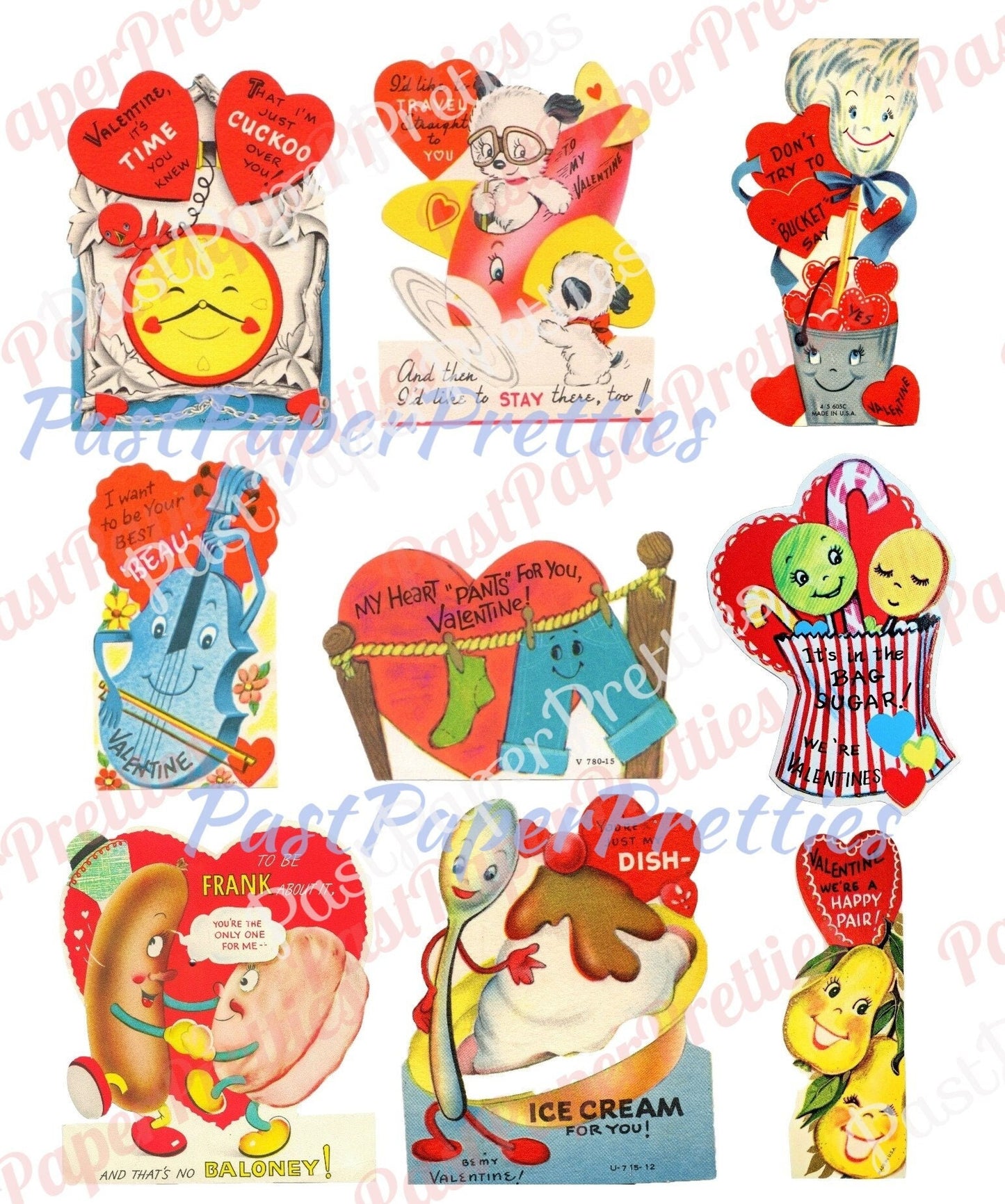72 Vintage Kitsch Anthropomorphic Valentine Cards Images Fruit Veggies Items Objects Collage Sheets Printable PDF Instant Digital Download