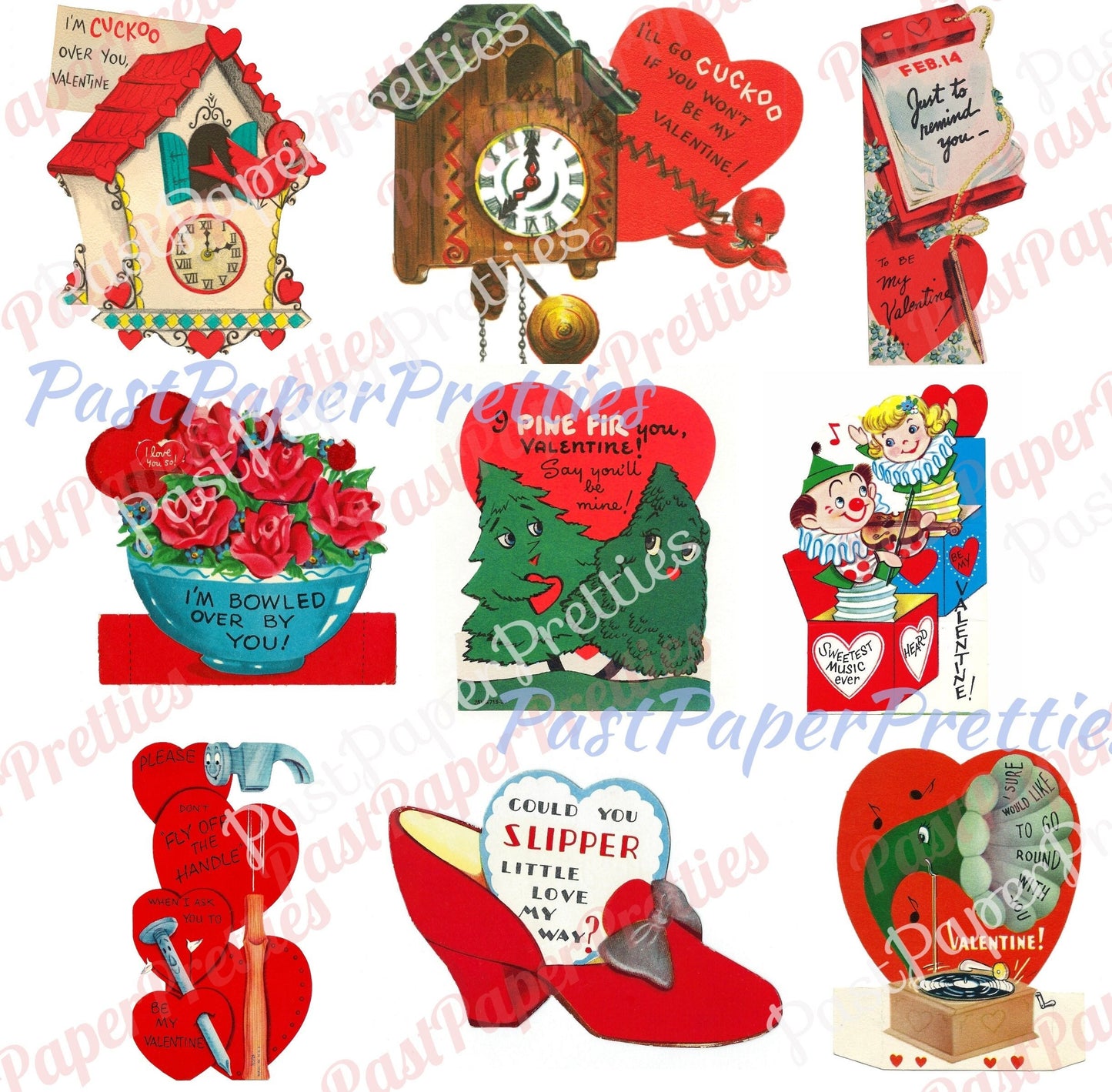 72 Vintage Kitsch Anthropomorphic Valentine Cards Images Fruit Veggies Items Objects Collage Sheets Printable PDF Instant Digital Download