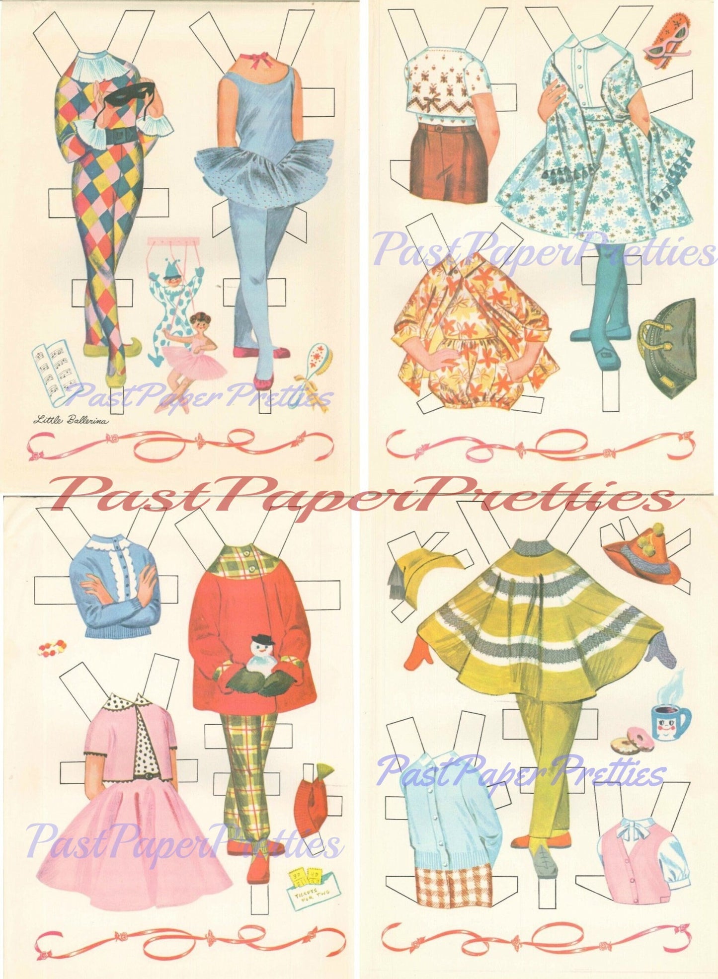 Vintage Paper Dolls Little Ballerina Cut-Outs c. 1961 Printable PDF Instant Digital Download 2 Cute Ballet Dancer Girls Clip Art