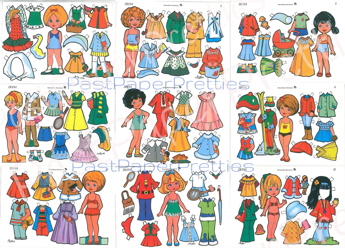 Vintage Paper Dolls Cute Diana & Friends Adorable Girls and Clothing Collage Sheets 10 Sets c. 1980s Printable PDF Instant Digital Download