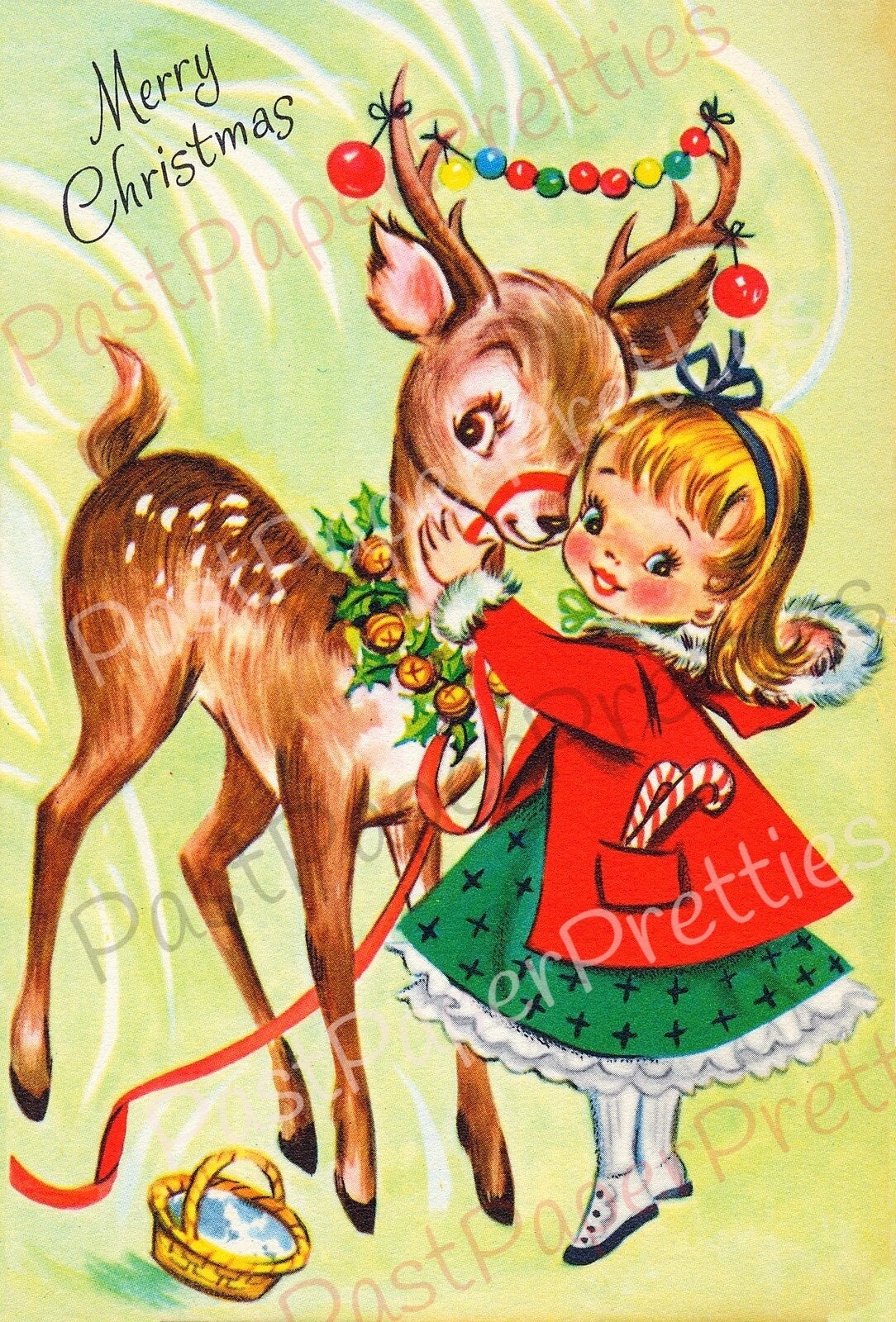 Vintage Printable Cute Christmas Girl and Reindeer Card Image Retro 1950s PDF Instant Digital Download Kitsch Holiday Clipart JPEG PNG