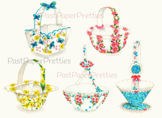 Vintage Printable May Day Easter Flower Baskets c. 1954 PDF Instant Digital Download Cut Out and Assemble Paper Spring Baskets SET THREE