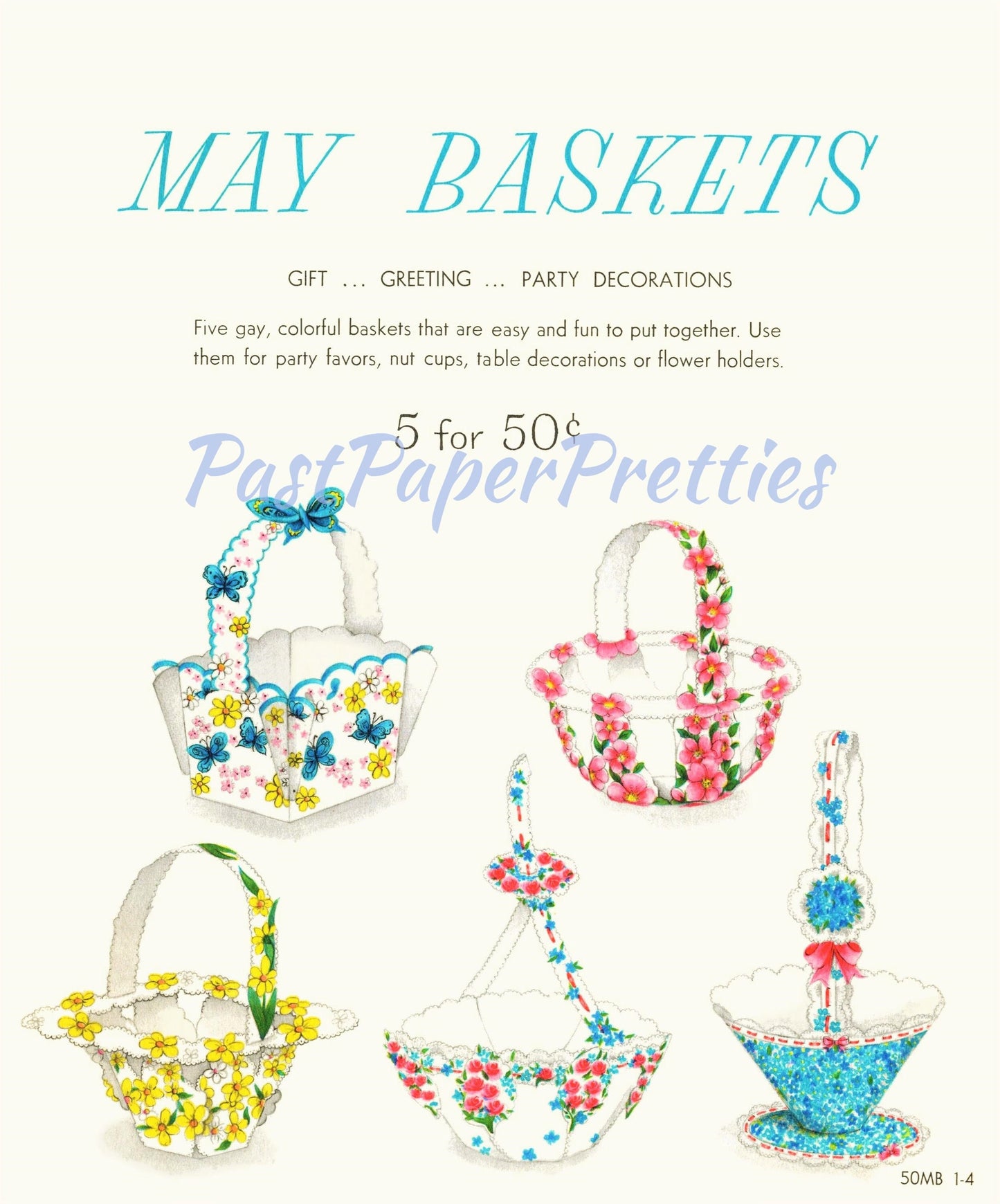 Vintage Printable May Day Easter Flower Baskets c. 1954 PDF Instant Digital Download Cut Out and Assemble Paper Spring Baskets SET THREE