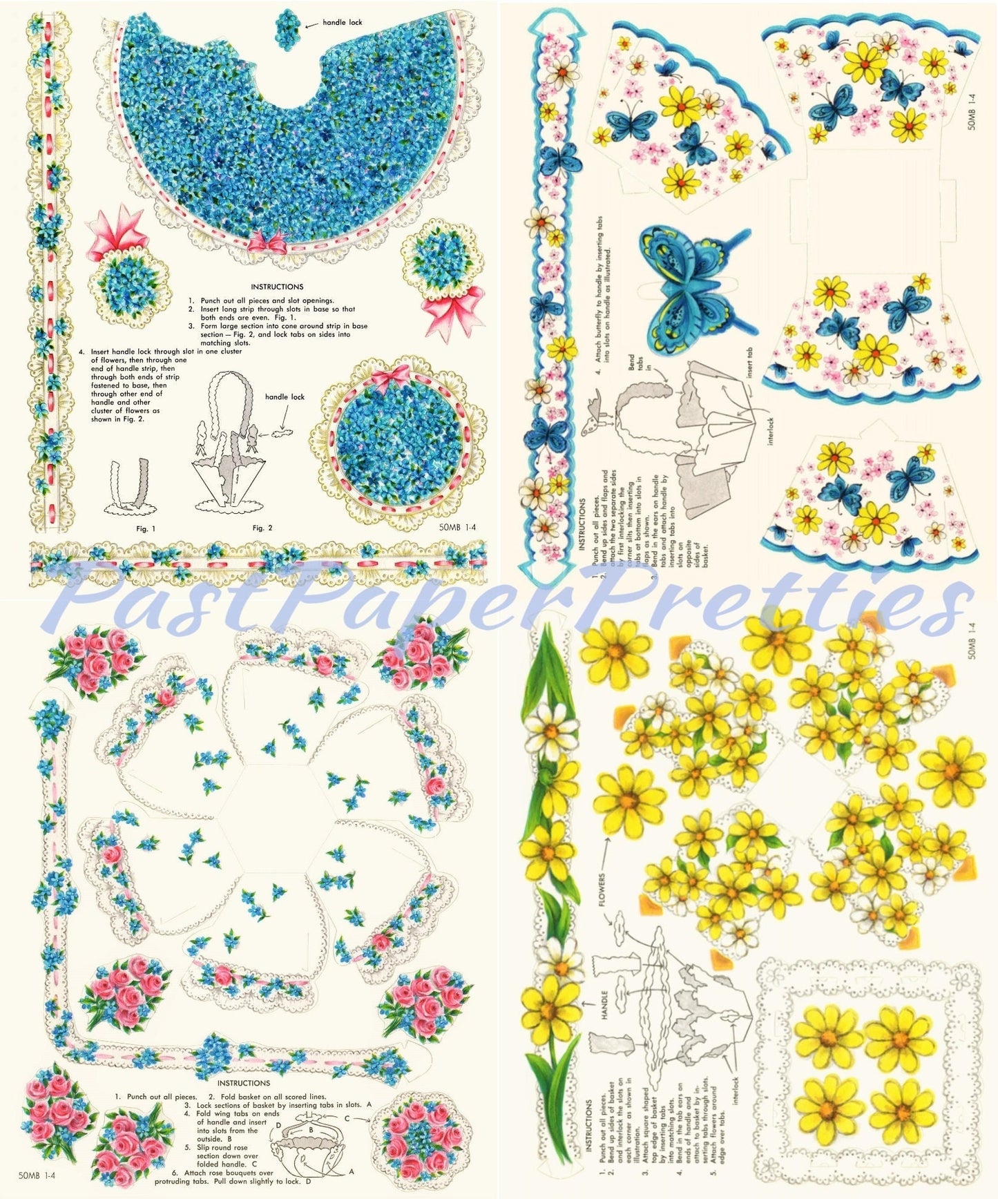 Vintage Printable May Day Easter Flower Baskets c. 1954 PDF Instant Digital Download Cut Out and Assemble Paper Spring Baskets SET THREE