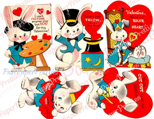 Vintage Printable Bunny Rabbits Valentines Day Cards Collage Sheet PDF Instant Digital Download 300 dpi JPEG PNG