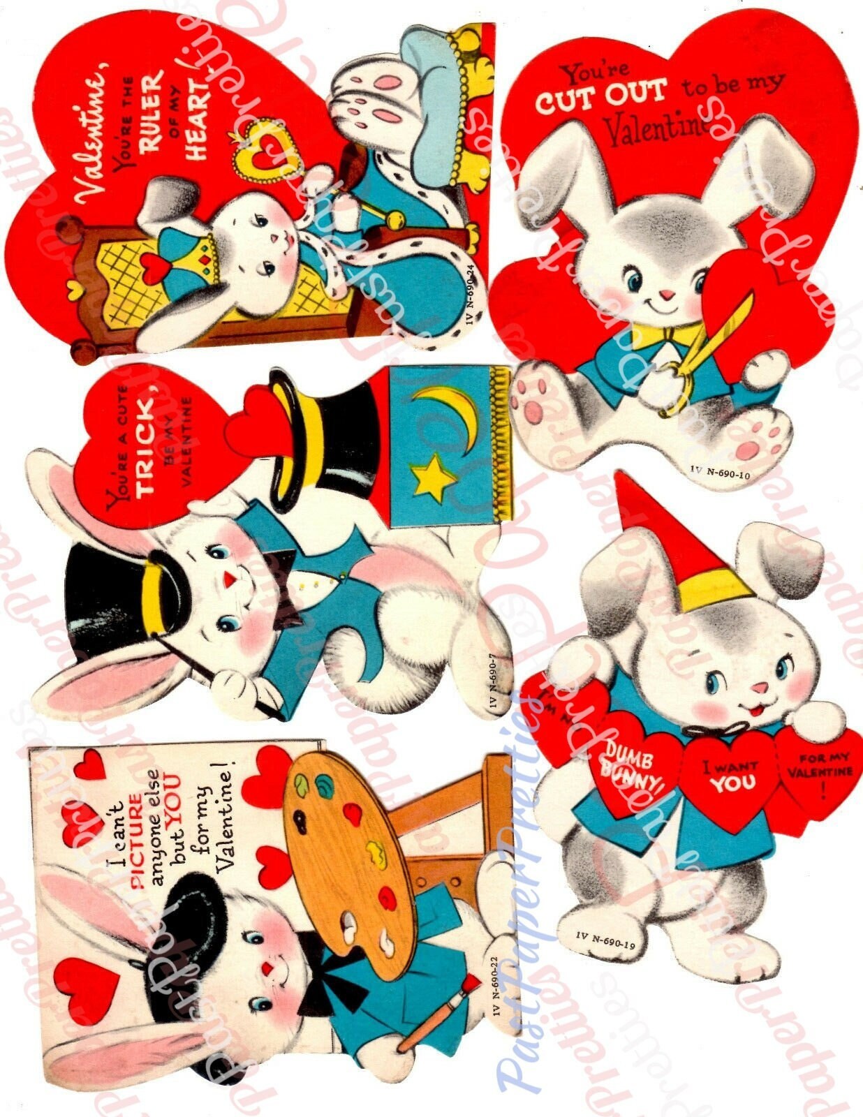 Vintage Printable Bunny Rabbits Valentines Day Cards Collage Sheet PDF Instant Digital Download 300 dpi JPEG PNG