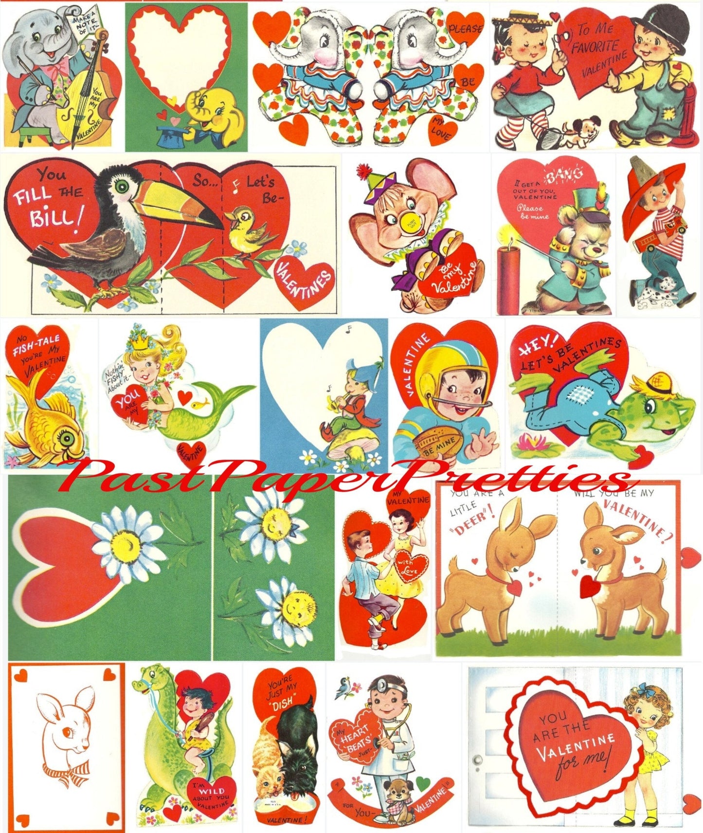 180 Vintage Printable SINGLE Valentine Cards Cute Retro Children Animals Images 1960s 1970s Instant Digital Download Seals Envelopes 300 dpi