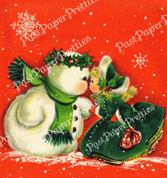 Vintage Printable Little Miss Christmas Cute Girl Kissing Snowman Card Image Retro 1950s Instant Digital Download Kitsch Holiday Clip Art