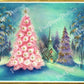 Vintage Printable Pink Gold Christmas Tree Church Forest Scene Card Image Instant Digital Download Kitsch Retro Holiday Clip Art