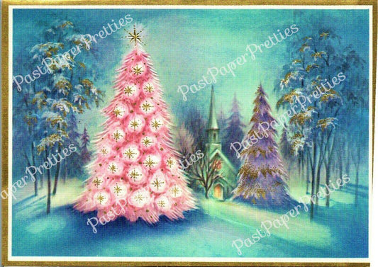 Vintage Printable Pink Gold Christmas Tree Church Forest Scene Card Image Instant Digital Download Kitsch Retro Holiday Clip Art