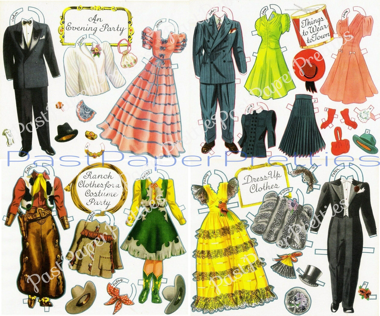 Vintage Paper Dolls College Style c. 1941 Printable PDF Instant Digital Download Dating College Girls Boys University Student Dolls Clip Art