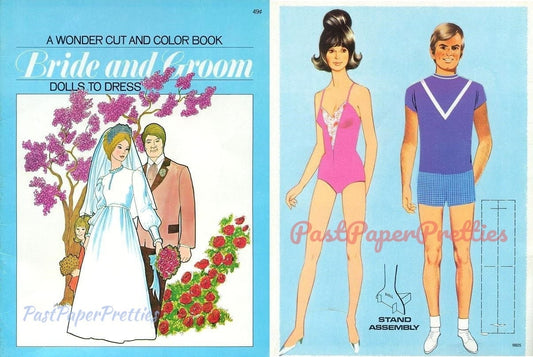 Vintage Paper Dolls Bride and Groom Retro 1971 Printable PDF Instant Digital Download Groovy Wedding Dolls & Clothes to Color Clip Art