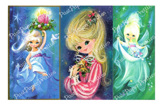 Vintage Printable Christmas Cards Pretty Big Eyed Girl Mod Angels Retro Romantic 1970s Images Instant Digital Download Cute Kawaii Ladies