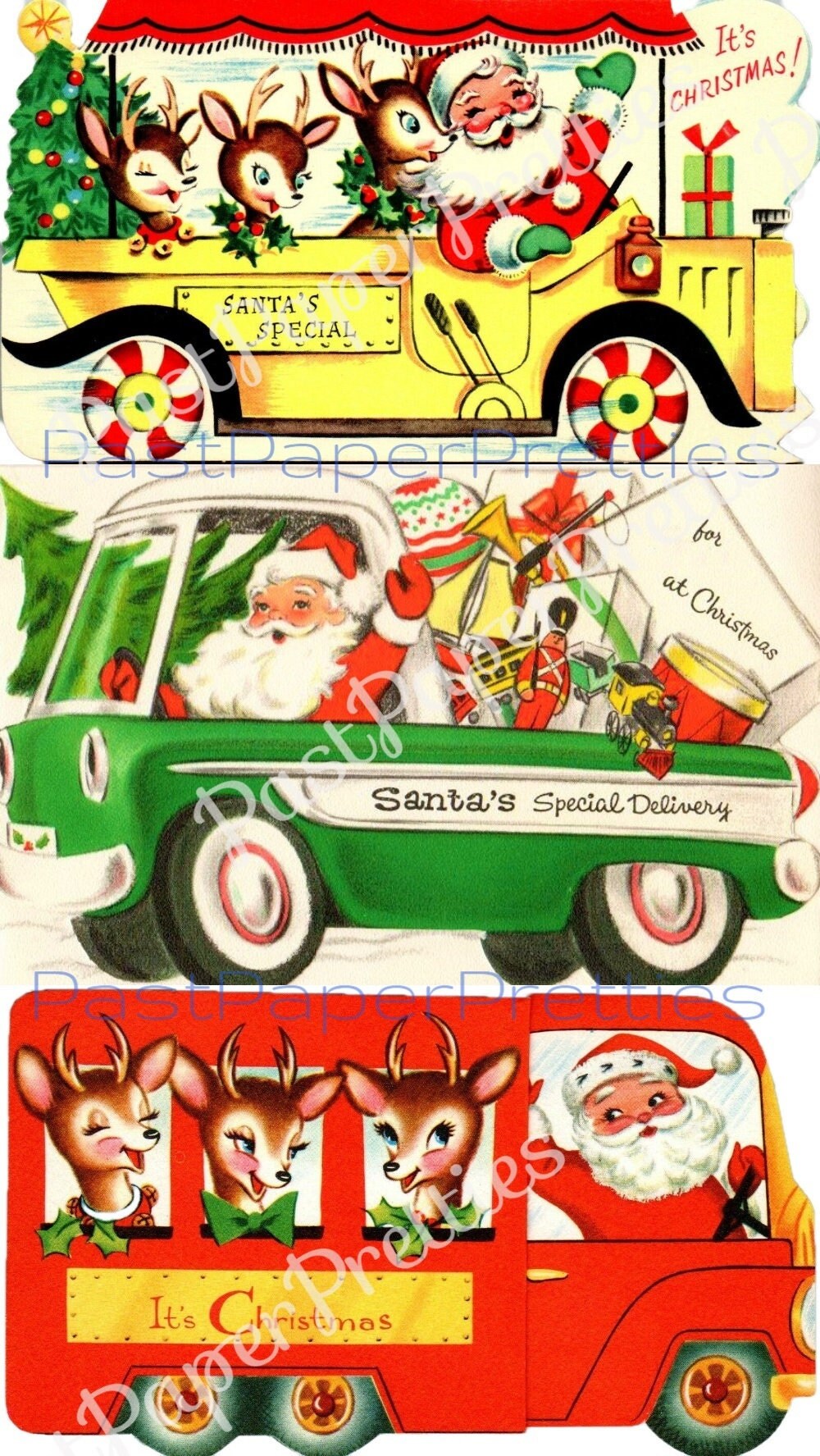 Vintage Printable Santas Special Delivery Vehicles Christmas Cards PDF Instant Digital Download Kitsch Mid Century Car Truck Bus Images