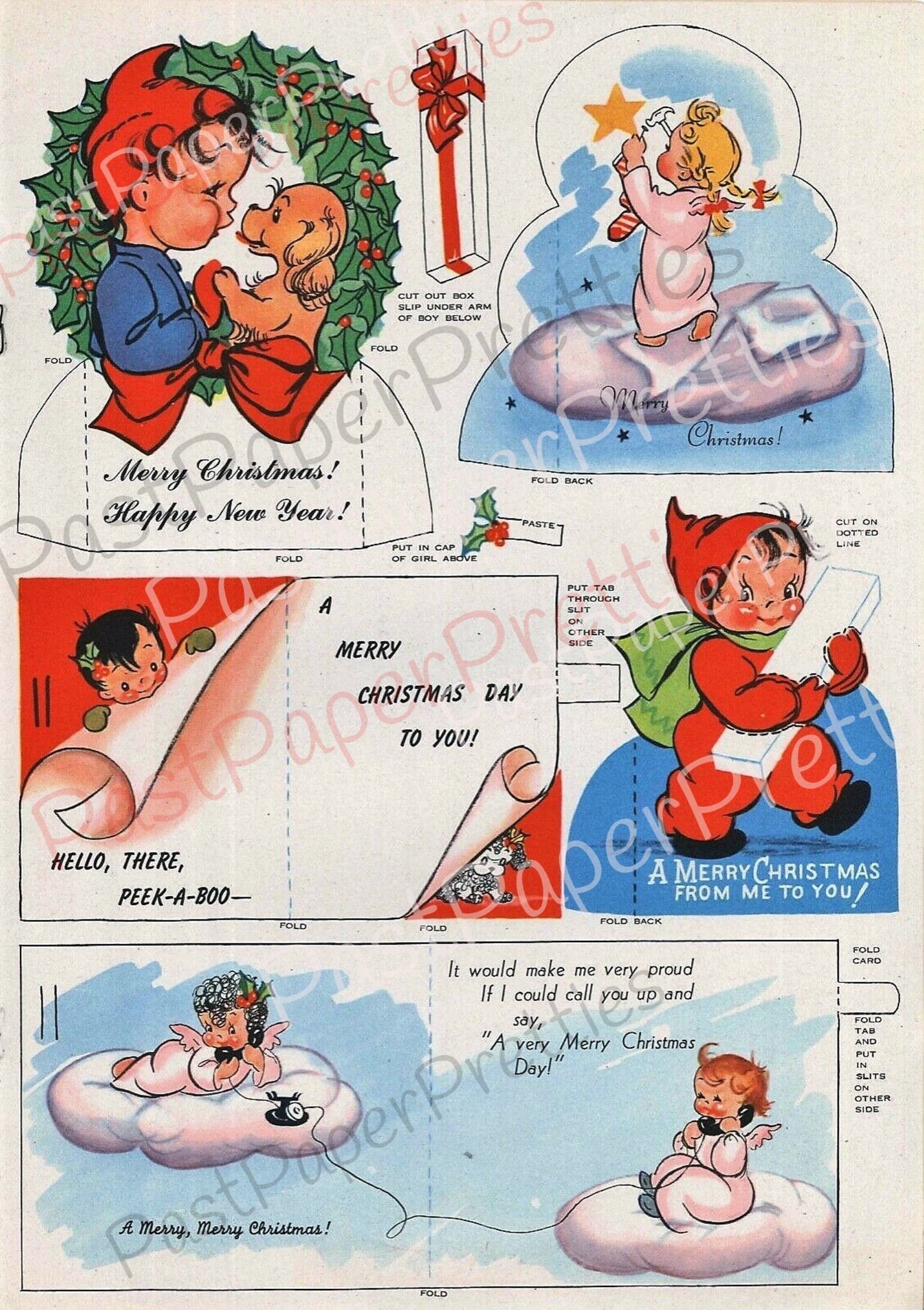 Vintage Printable Retro Christmas Cards Cut Outs 20 Designs PDF Instant Digital Download 1956 Kitsch Kawaii Kids Angels Holiday Clip Art