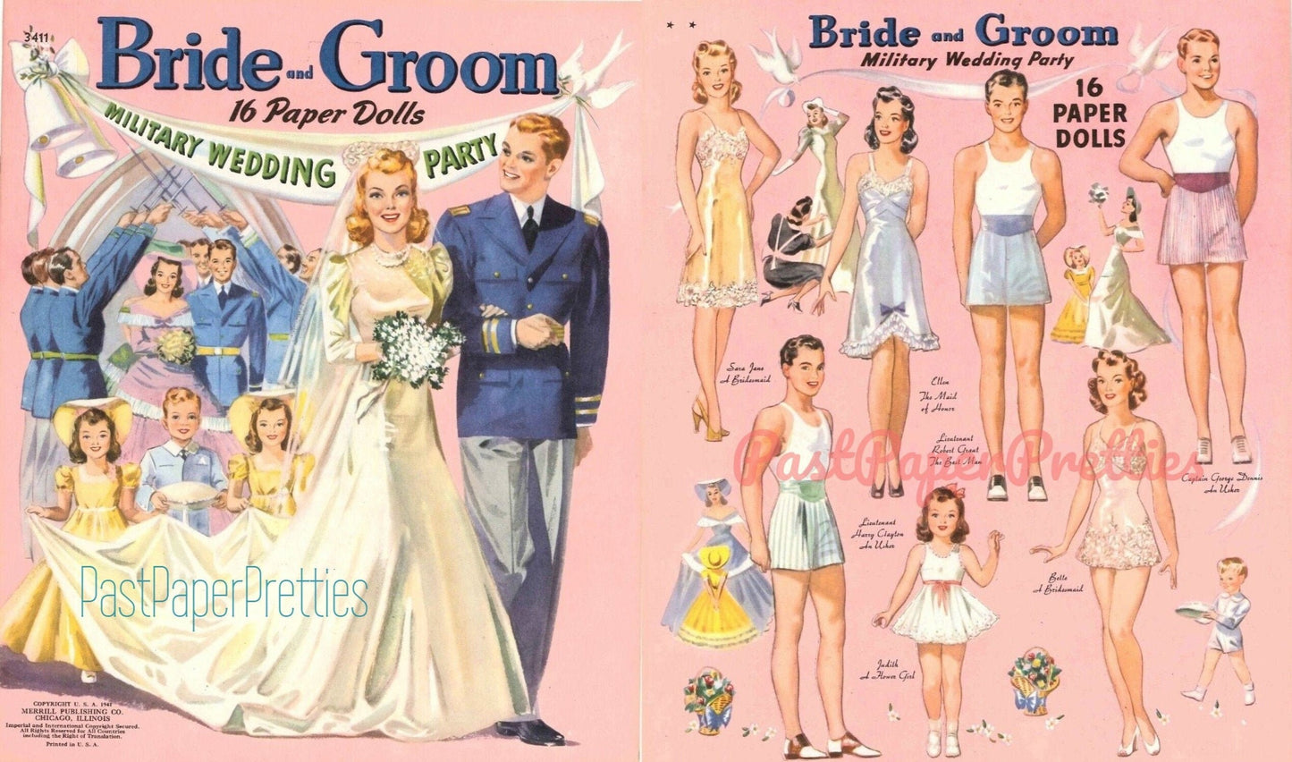 Vintage Paper Dolls Bride and Groom Military Wedding Party c. 1941 WWII Printable PDF Instant Digital Download 16 Dolls Wartime Clip Art