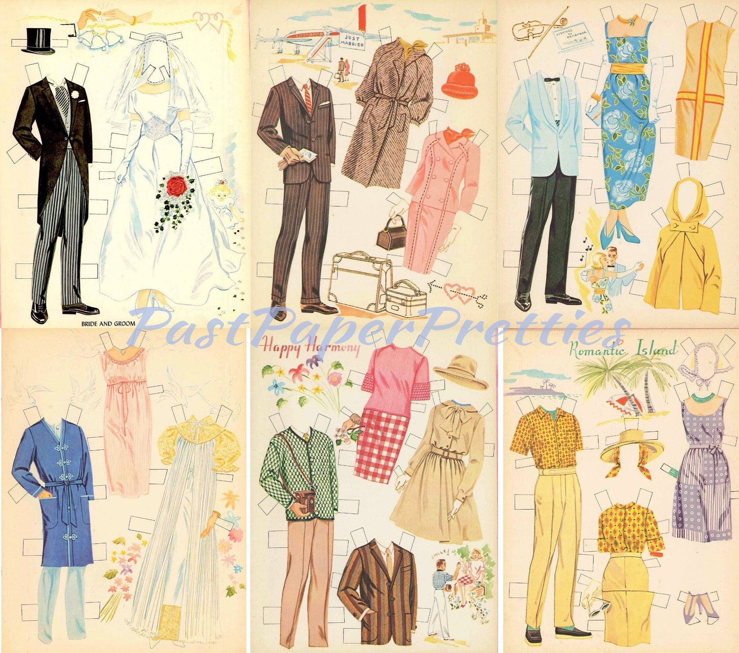 Vintage Paper Dolls Bride and Groom c. 1963 PDF Printable Instant Digital Download Wedding Bridal Dolls Trousseau Clothes Clip Art