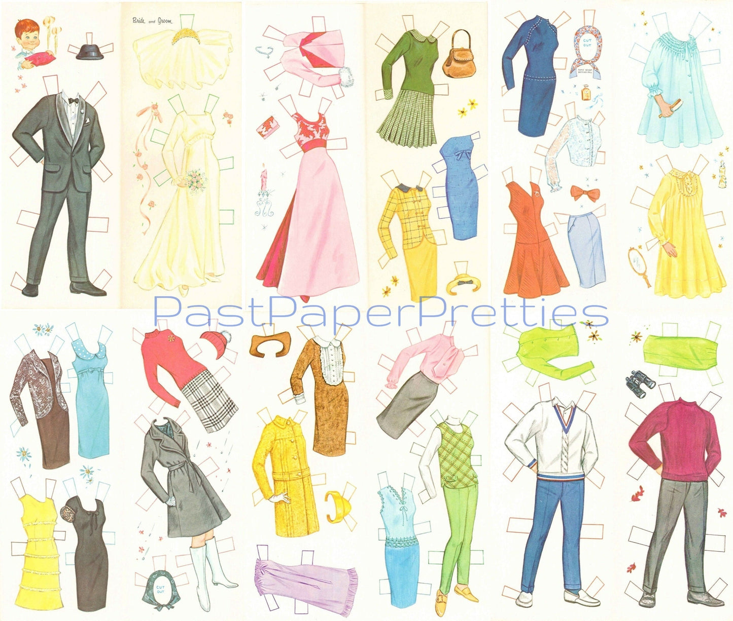 Vintage Paper Dolls Bride and Groom 1960s Printable PDF Instant Digital Download 2 Wedding Dolls and Clothes Clip Art