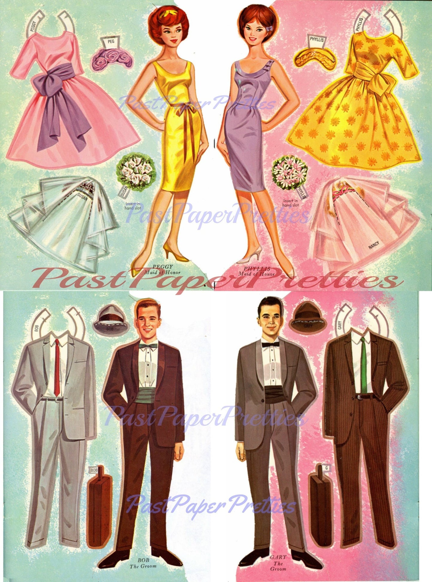 Vintage Paper Dolls Double Wedding c. 1964 Printable Instant Digital Download 16 Bridal Party Dolls & Clothes Clip Art JPEG PDF