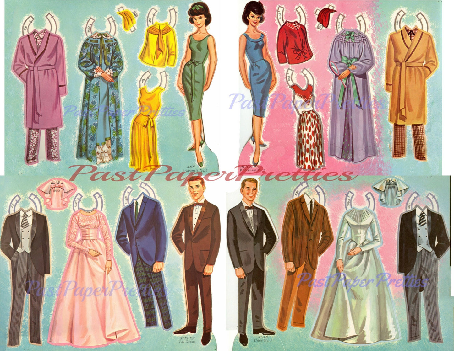 Vintage Paper Dolls Double Wedding c. 1964 Printable Instant Digital Download 16 Bridal Party Dolls & Clothes Clip Art JPEG PDF