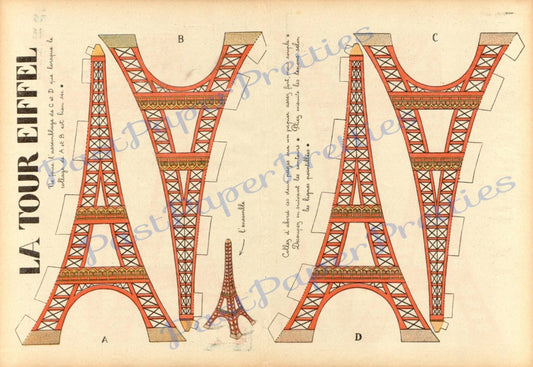 Vintage Eiffel Tower Paper Printable Cut Out Toy Model Instant Digital Download Diorama Papercraft Paris France Clip Art