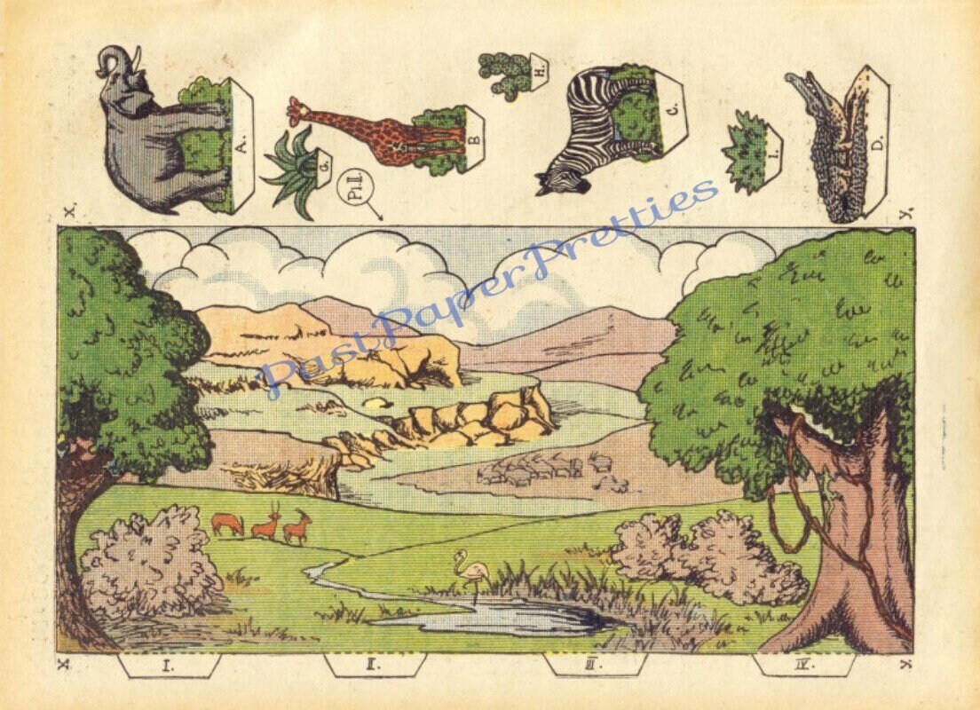 Vintage African Animal Savannah Landscape Scenes Printable Paper Model Cut Outs PDF Instant Digital Download Miniature Diorama Papercrafts