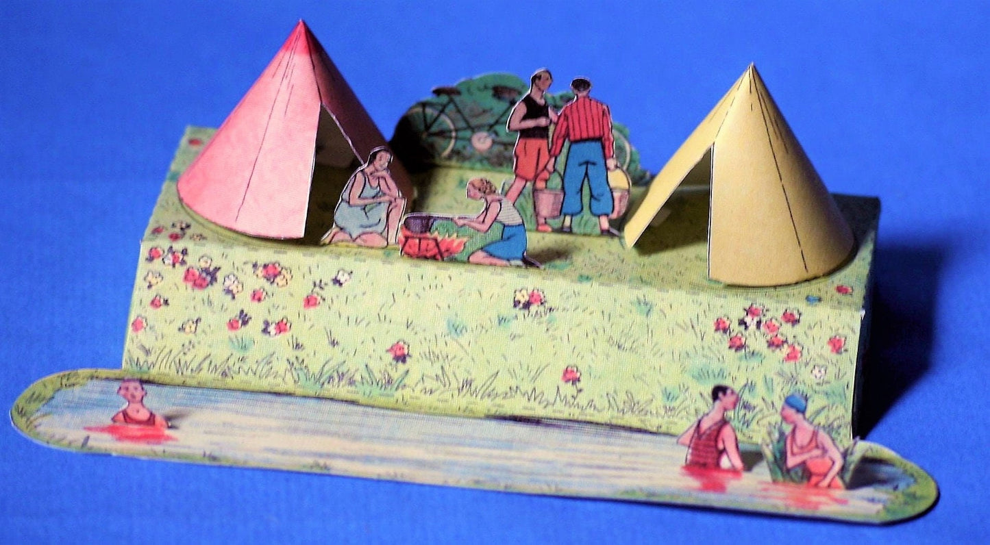 Vintage Camping Scene Printable Paper Model Cut Outs Instant Digital Download Miniature People Campsite Tents Diorama 1930s Papercraft