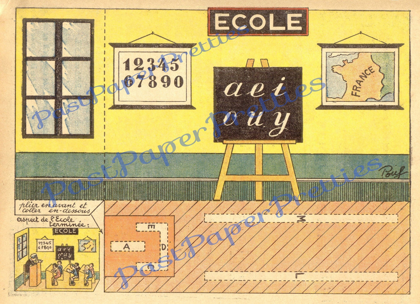 Vintage Antique 1920s French Schoolhouse Scene Printable Paper Craft Instant Digital Download Miniature School Classroom Diorama Playset