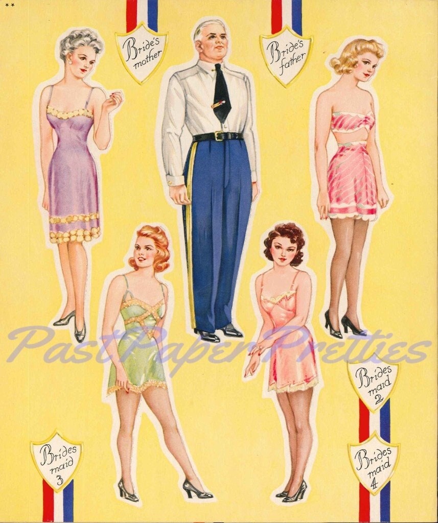 Vintage Paper Dolls Army and Navy Wedding Party c. 1943 WWII Military Romance Printable PDF Instant Digital Download Wartime Bride Groom