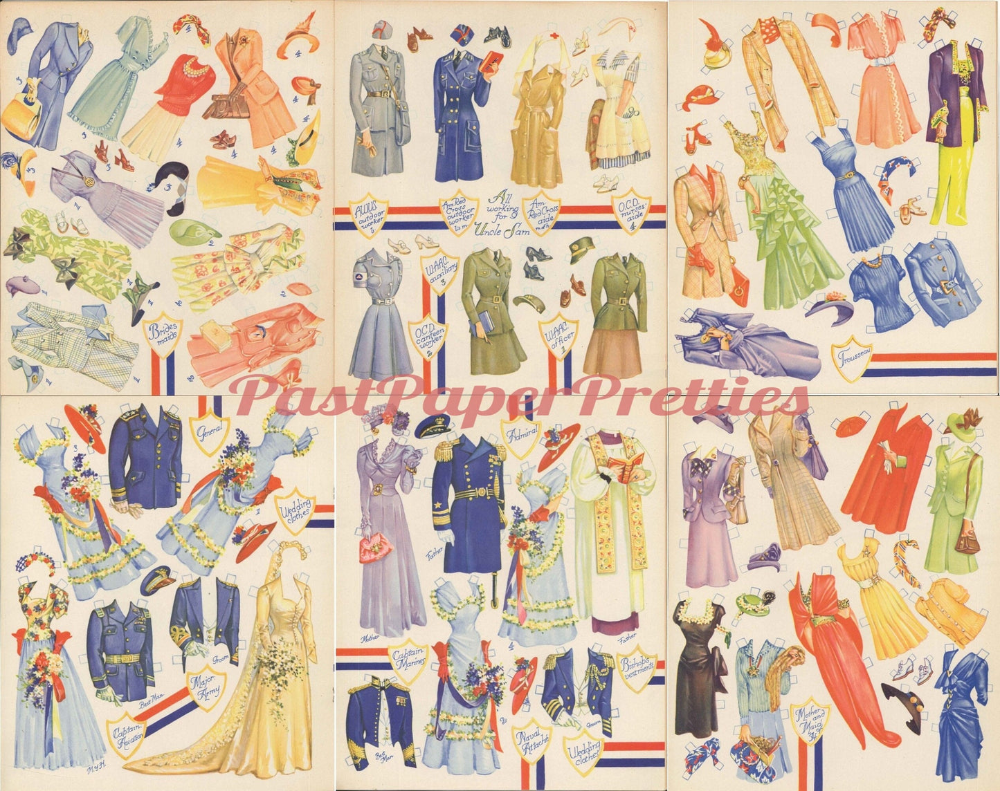 Vintage Paper Dolls Army and Navy Wedding Party c. 1943 WWII Military Romance Printable PDF Instant Digital Download Wartime Bride Groom