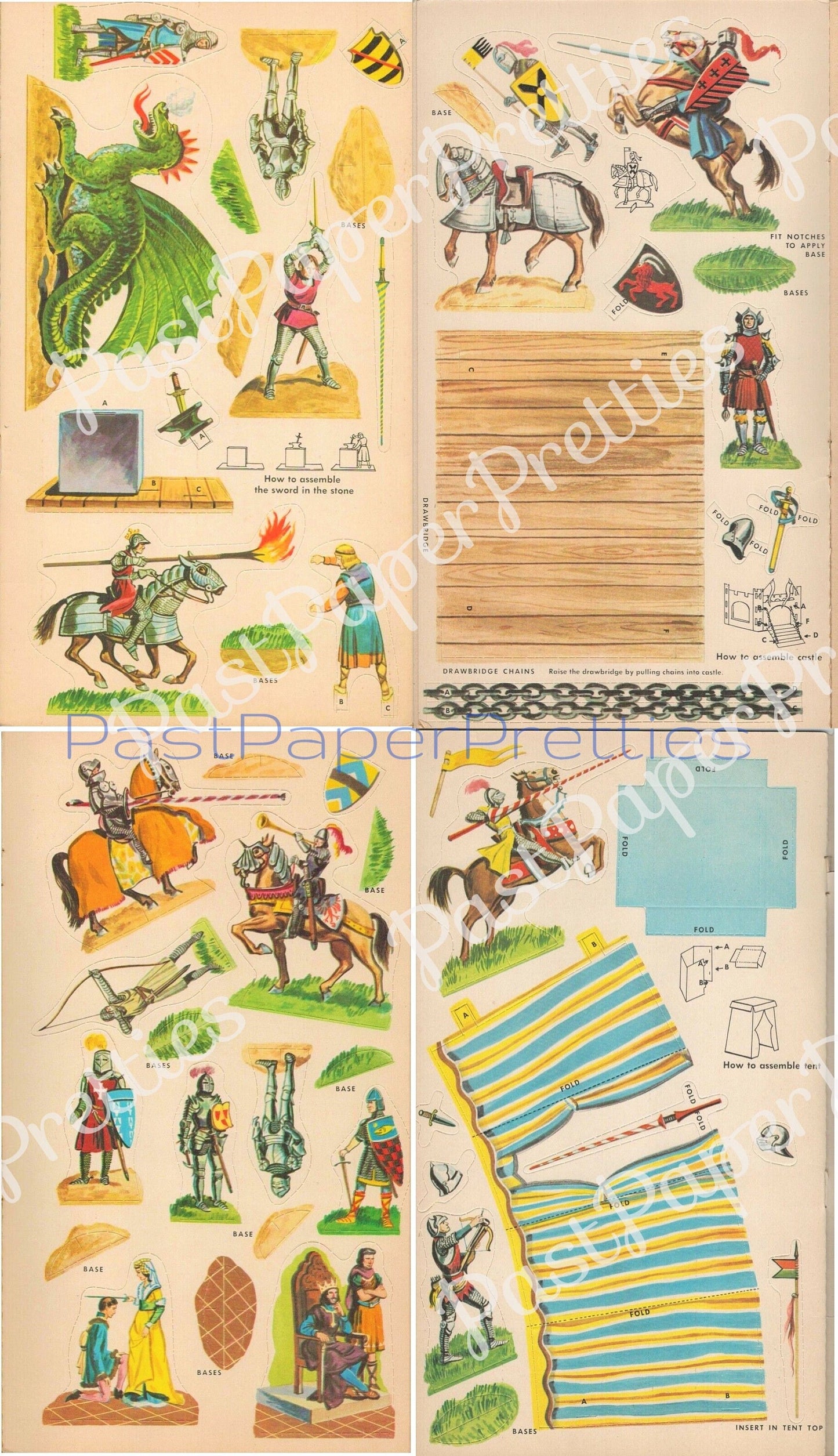 Vintage Paper Dolls Knights In Armour Printable Playset Medieval Toy Set c. 1956 PDF Instant Digital Download Dragons Knights Sword Stone