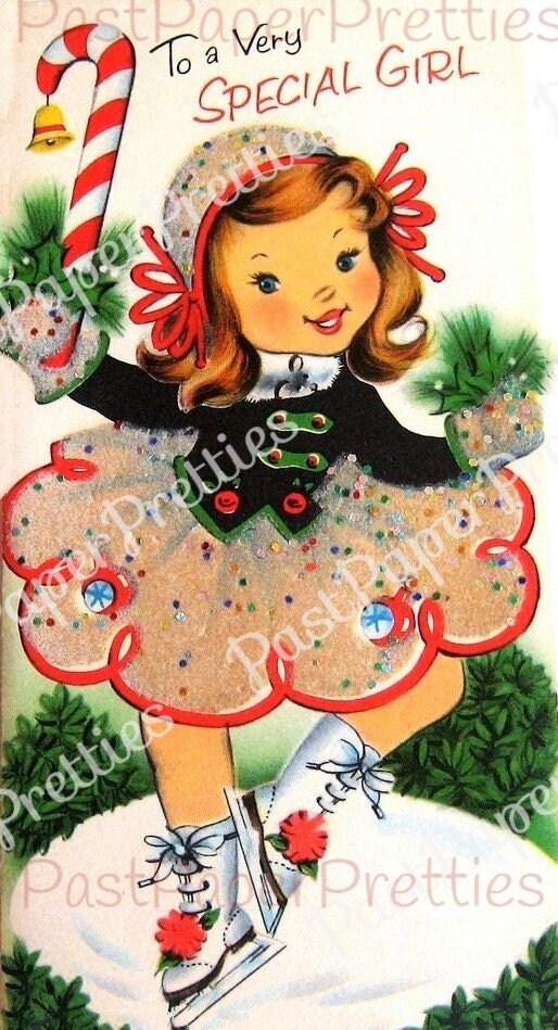 Vintage Printable Little Christmas Ice Skating Girl Card Image 1940s Instant Digital Download Cute Kitsch Holiday Clip Art JPG PNG