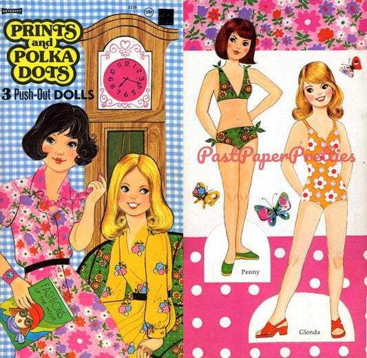 Vintage Paper Dolls Prints and Polka Dots Retro 1970s Mod Boho Hippie Groovy Fashions Printable PDF Instant Digital Download 3 Pretty Dolls