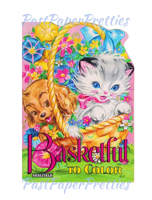 Vintage Printable Coloring Book Basketful To Color c. 1940's PDF Instant Digital Download Kitsch Cute Animals and Toys 16 Pages