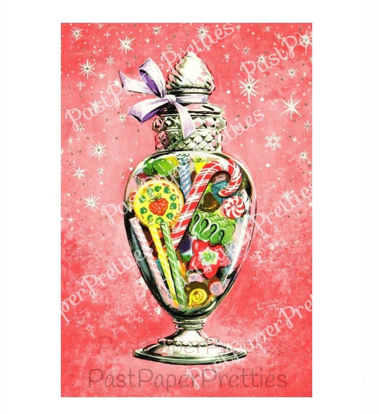 Vintage Printable Old Fashioned Christmas Candy Jar Card Image c. 1950s Instant Digital Download Kitsch Decanter Glass Jar Holiday Clip Art