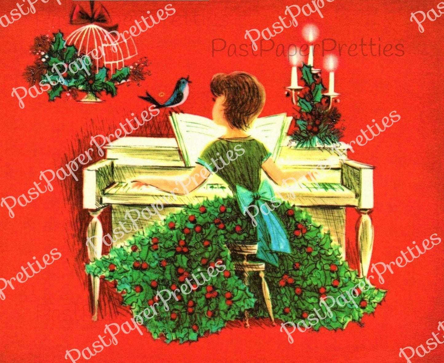 Vintage Printable Pretty Christmas Girl With Mistletoe Dress Playing Piano Card Image c. 1940s Instant Digital Download Merry Kitschmas