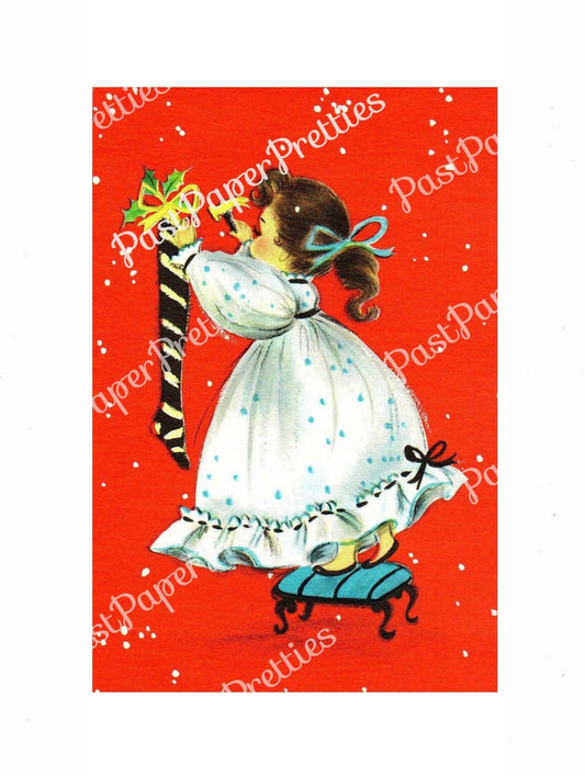 Vintage Printable Cute Girl Hanging Christmas Stocking Card Image Retro 1940s Instant Digital Download Merry Kitschmas Holiday Clip Art