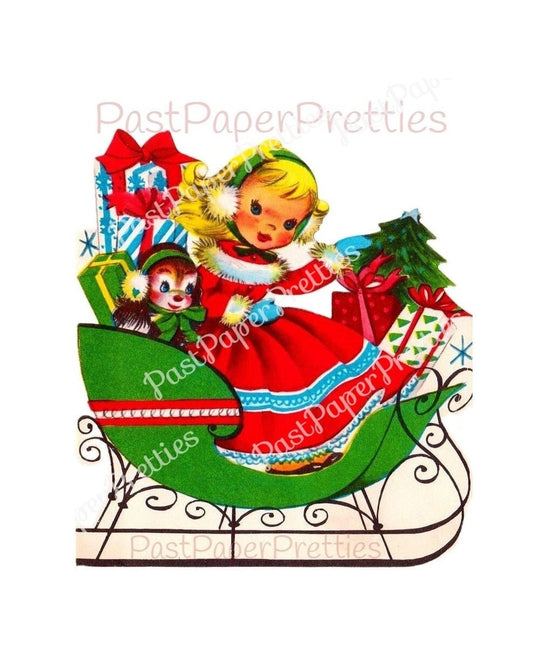 Vintage Printable Little Miss Christmas Cute Girl Holiday Sleigh Card Image c. 1950s Instant Digital Download Xmas Clip Art PNG JPEG 300 dpi