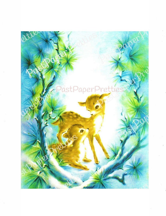 Vintage Printable Christmas Card Baby Reindeer Fawn in Blue Green Forest Image Instant Digital Download Woodland Forest Animals 300 dpi