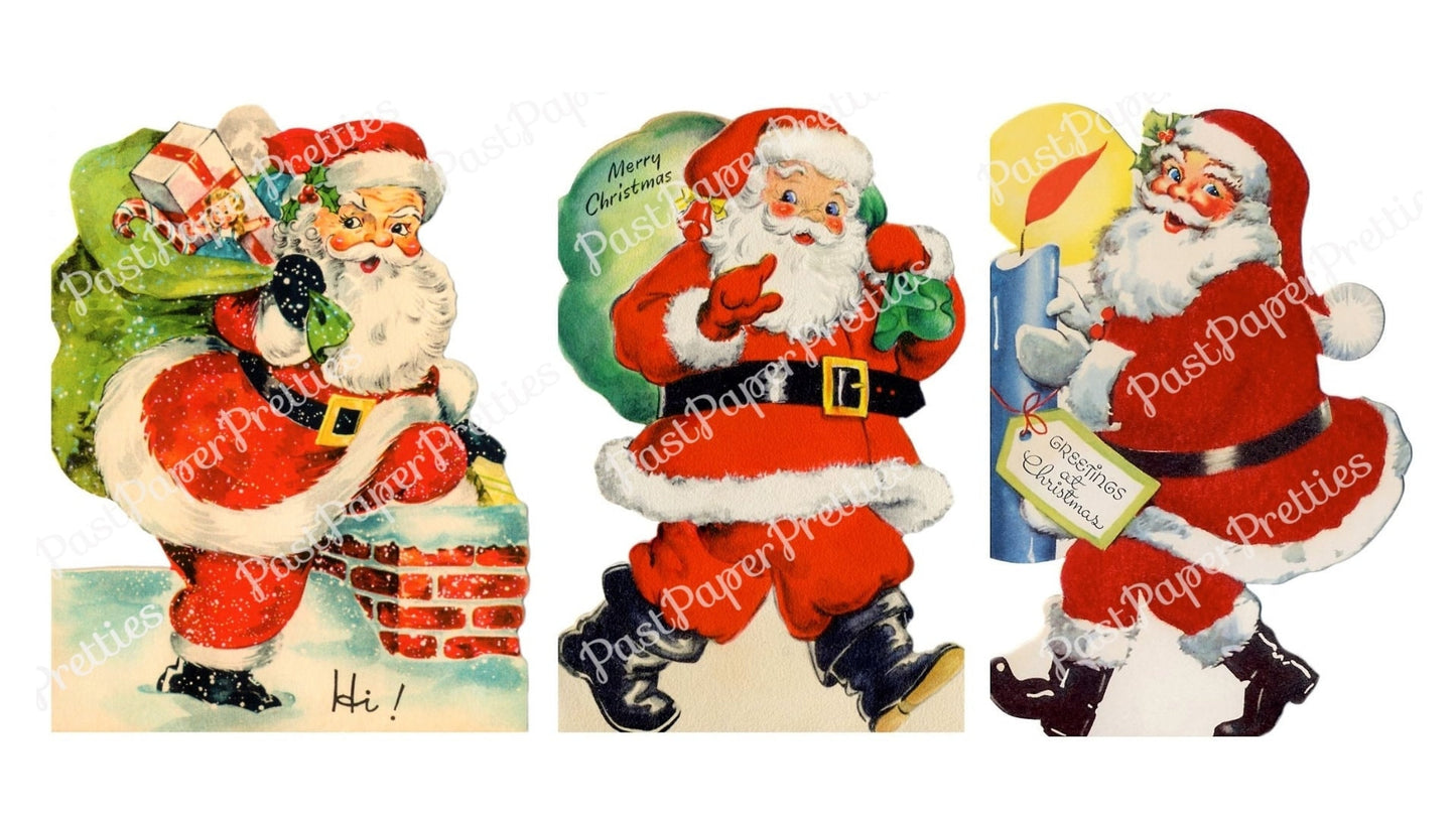 Vintage Printable Retro Santa Claus Christmas Card Images Three 1940s Designs PDF Instant Digital Download Kitschmas Holiday Clip Art