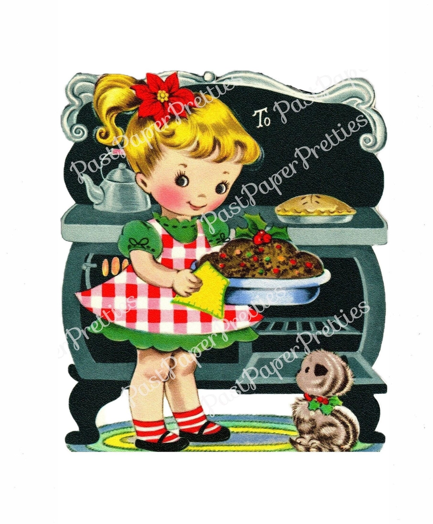 Vintage Printable Little Christmas Girl Baking Plum Pudding Card Image c. 1950s Instant Digital Download Xmas Clip Art PNG JPEG 300 dpi