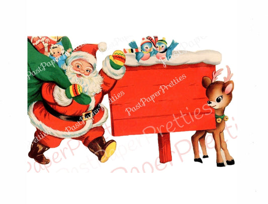 Vintage Printable Christmas Card Retro Santa Claus Sign Reindeer North Pole Image c. 1940s Instant Digital Download Kitsch Holiday Clip Art